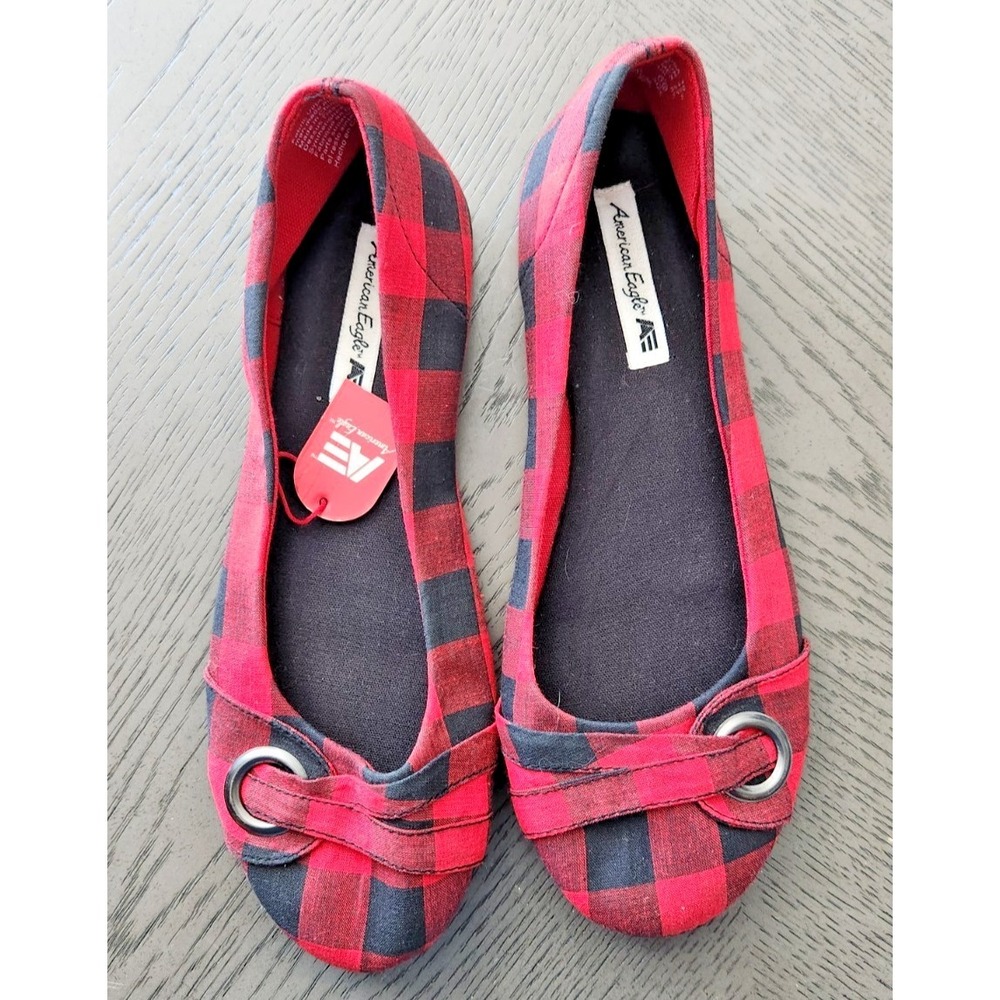 American Eagle Plaid Ballet Flats Women's Size 10 Red Black Check‎ Slip‑On Shoes